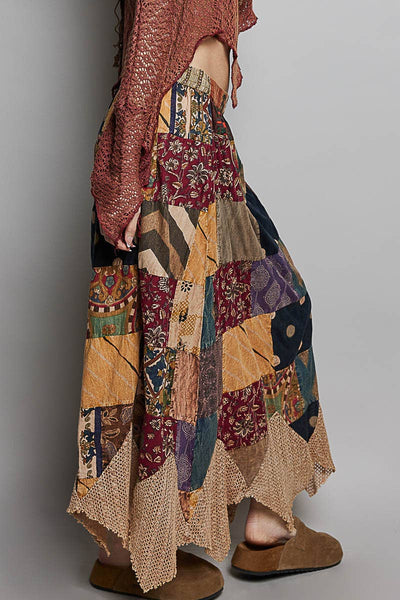 Patchwork Elasticized Waistband Print Panel Woven Skirt