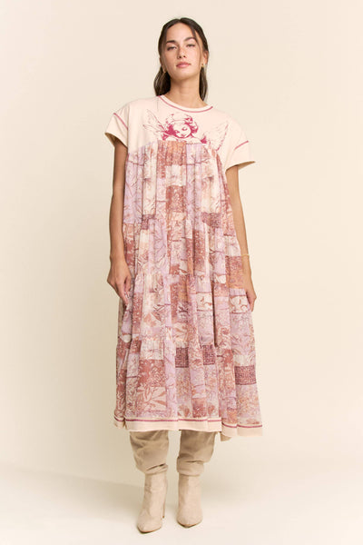 DD60097-ANGEL PRINTED FRENCH TERRY TOP BOTTOM MIDI DRESS