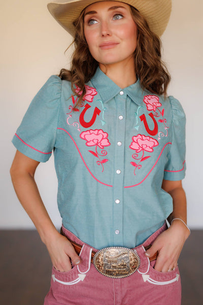 Pearl Snap, Pink Rose Turq SS Chambray HH2737(Pack of 7)