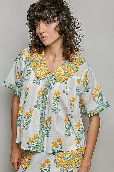 Floral Pattern V-Neck Short Sleeve Roomy Fit Top