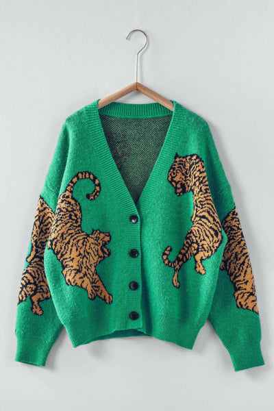 Tiger Jacquard Knit Sweater Cardigan