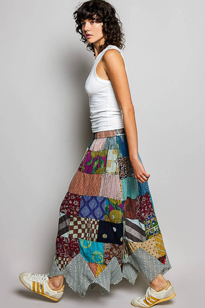 Patchwork Elasticized Waistband Print Panel Woven Skirt