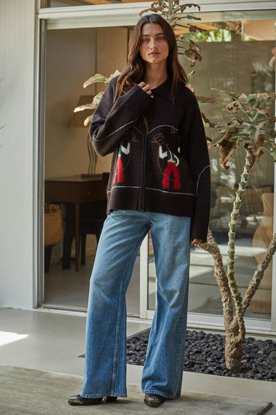 W2710 | Knit Sweater Print Zip-up Collar Neck Long Sleeve
