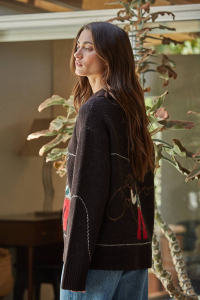 W2710 | Knit Sweater Print Zip-up Collar Neck Long Sleeve