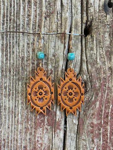 Hand Stamped Leather Aztec Pattern with Turquoise Earrings