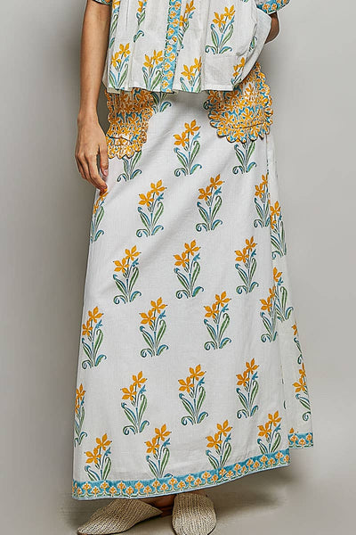 Flowy Fit Floral Ruffle Pocket A-Line Long Skirt