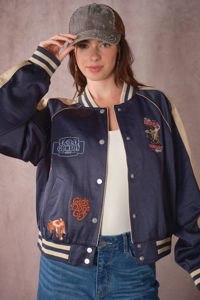 39044J Western Patch Satin Varsity Jacket