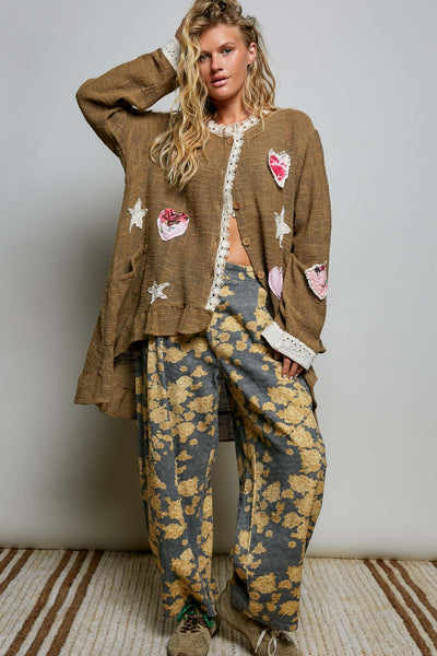 Floral Heart and Star Appliqué Crochet Lace Trim Cardigan