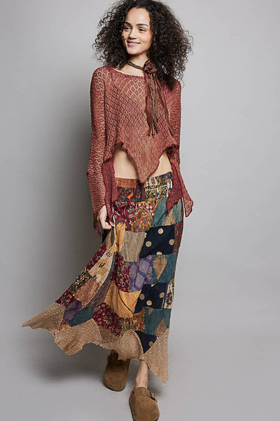 Patchwork Elasticized Waistband Print Panel Woven Skirt
