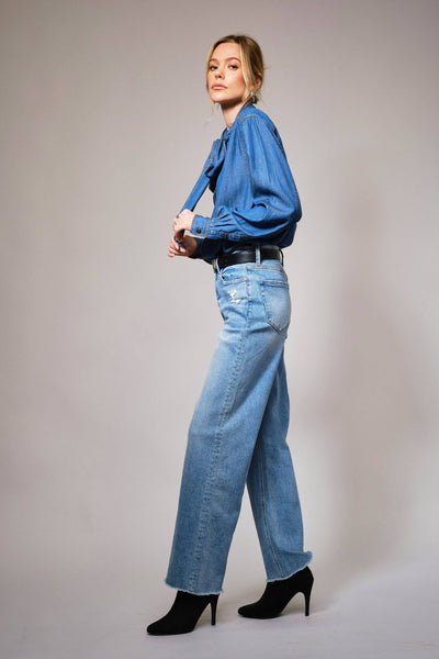 23612T - Tie Neck Hidden Button Chambray Blouse