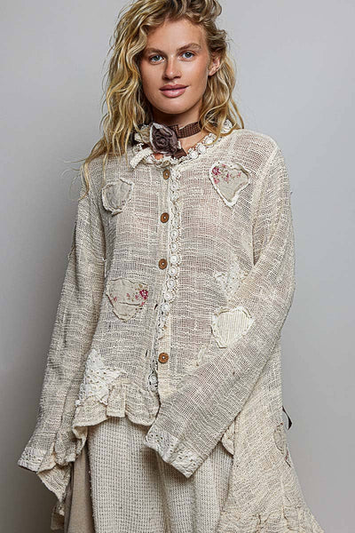 Floral Heart and Star Appliqué Crochet Lace Trim Cardigan