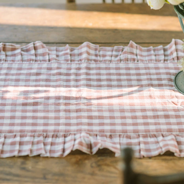 Rosehill Cottage Dusty Rose Gingham Ruffled Cotton Table Runner - 12x72 Pink & Natural Oval Runner