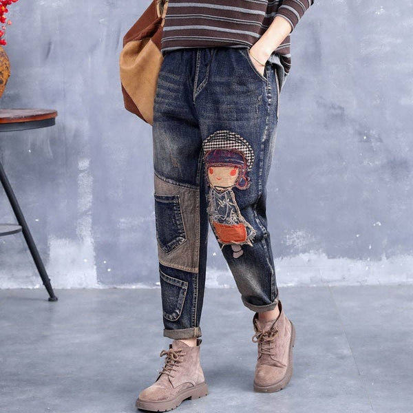 Retro Embroidery Patchwork Casual Loose Harem Jeans