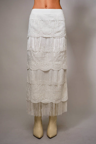 37193S Lace Fringe Tiered Maxi Skirt