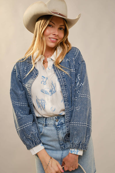 23883J Western Embroidery Puff Sleeve Denim Jacket