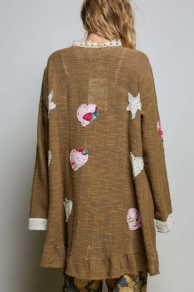 Floral Heart and Star Appliqué Crochet Lace Trim Cardigan
