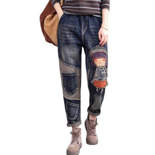 Retro Embroidery Patchwork Casual Loose Harem Jeans