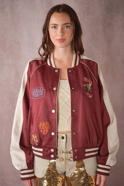 39044J Western Patch Satin Varsity Jacket