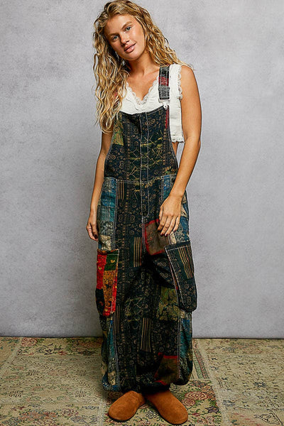 Boho Exaggerated Pocket Vintage Print Jogger Fit Overalls