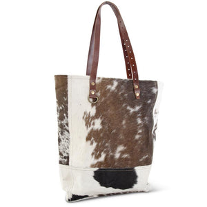 17 INCH BROWN AND WHITE COW HIDE TOTE