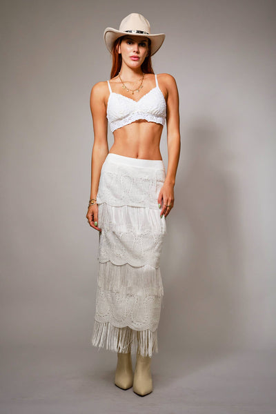 37193S Lace Fringe Tiered Maxi Skirt