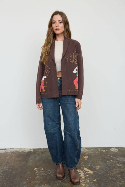 HOWDY COWBOY JACQUARD SHAWL COLLAR KNIT CARDIGAN