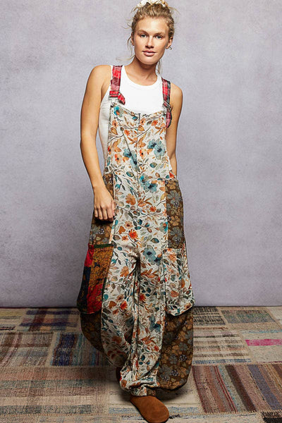 Boho Exaggerated Pocket Vintage Print Jogger Fit Overalls