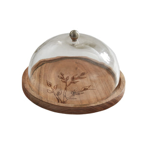 Leaves Wood Cheese Board w/ Glass Dome