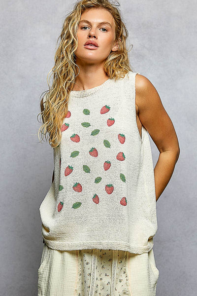 Strawberry Print Thin Sweater Sleeveless Top