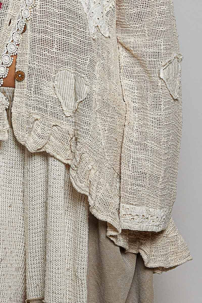 Floral Heart and Star Appliqué Crochet Lace Trim Cardigan