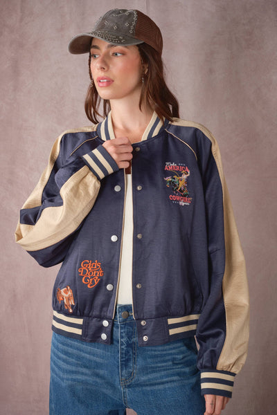 39044J Western Patch Satin Varsity Jacket