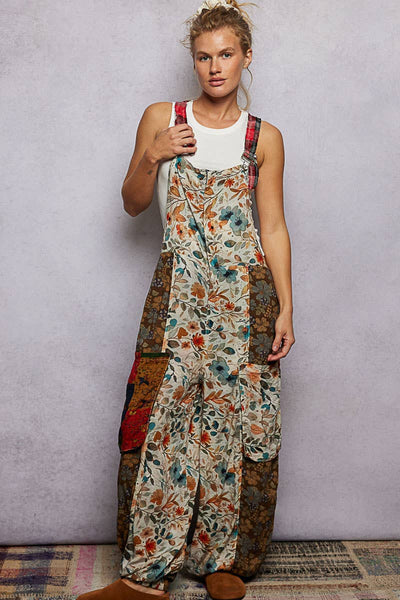 Boho Exaggerated Pocket Vintage Print Jogger Fit Overalls