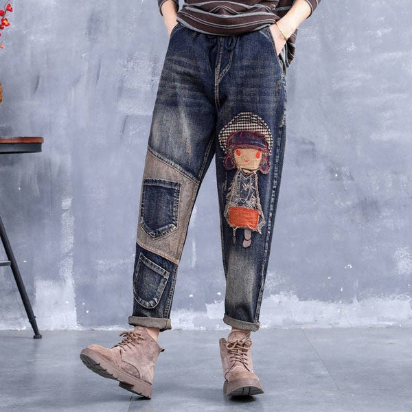 Retro Embroidery Patchwork Casual Loose Harem Jeans