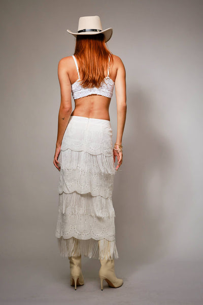 37193S Lace Fringe Tiered Maxi Skirt
