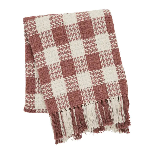 Dusty Rose Woven Check Throw Blanket with Fringe 50x60
