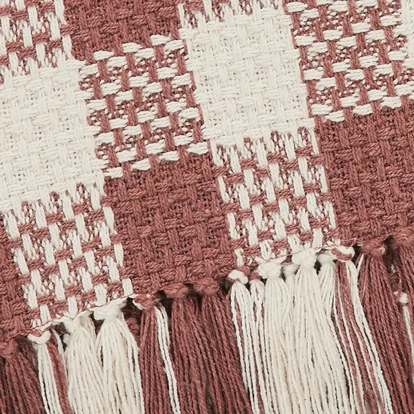 Dusty Rose Woven Check Throw Blanket with Fringe 50x60