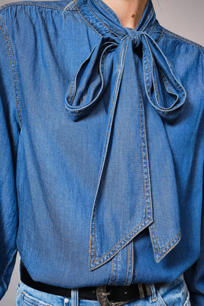23612T - Tie Neck Hidden Button Chambray Blouse