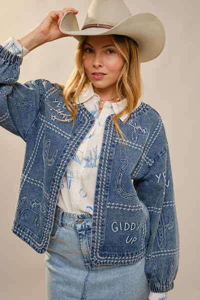 23883J Western Embroidery Puff Sleeve Denim Jacket