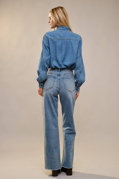 Tie Neck Hidden Button Chambray Blouse
