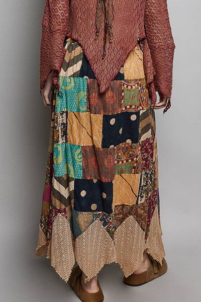Patchwork Elasticized Waistband Print Panel Woven Skirt