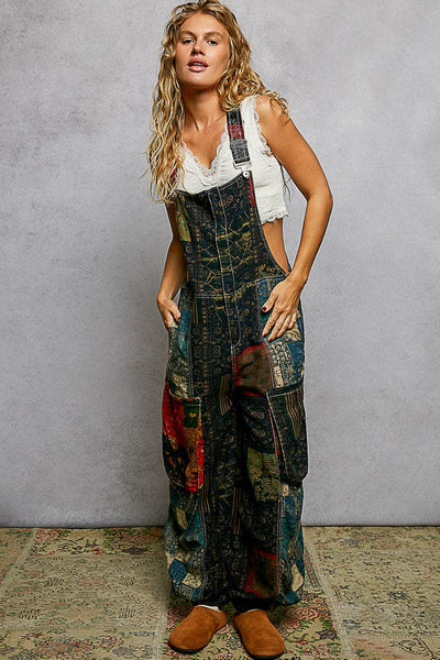 Boho Exaggerated Pocket Vintage Print Jogger Fit Overalls