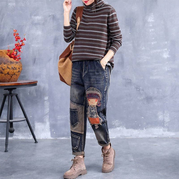 Retro Embroidery Patchwork Casual Loose Harem Jeans