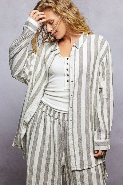 Linen Long Sleeve Side Slit Detail Stripe Shirt Top