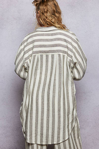 Linen Long Sleeve Side Slit Detail Stripe Shirt Top