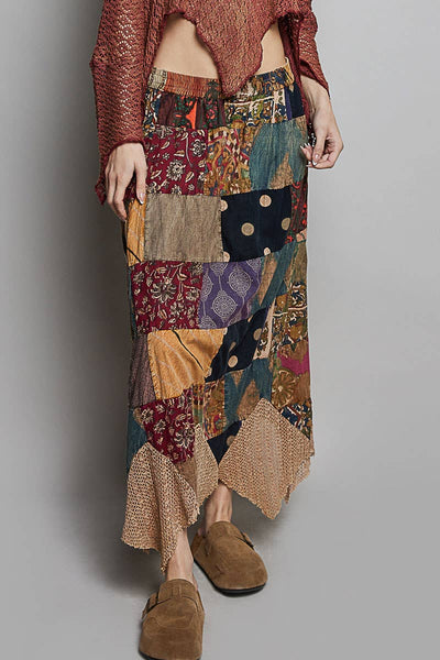 Patchwork Elasticized Waistband Print Panel Woven Skirt