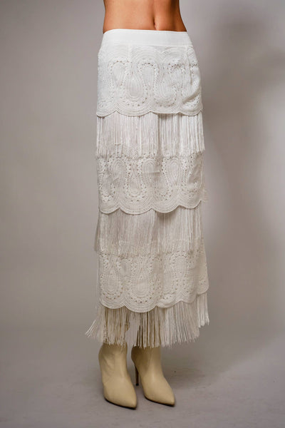 37193S Lace Fringe Tiered Maxi Skirt