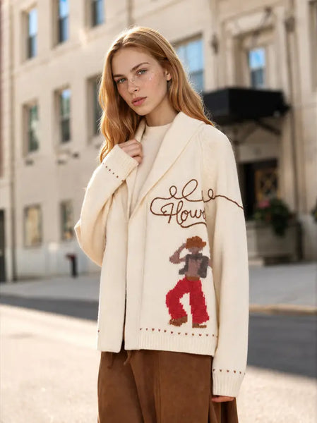 Howdy Cowboy Jacquard Shawl Collar Knit Cardigan