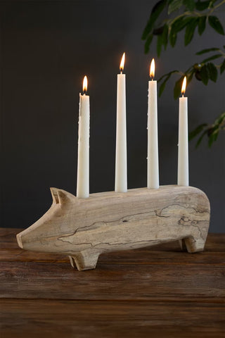 Hand-Carved Wooden Pig Candelabra PREORDER