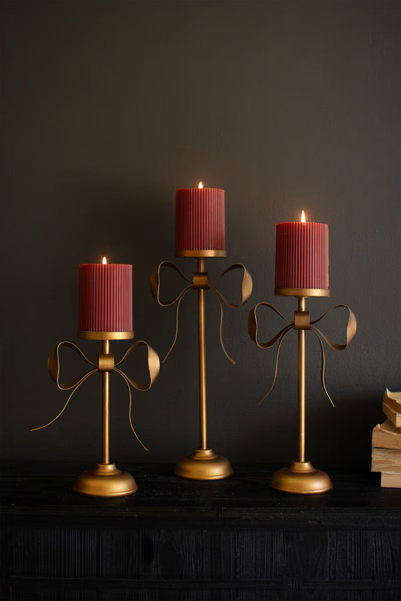 Set of 3 Antique Brass Pillar Candle Stands with Bow Detail PREORDER