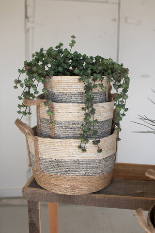 Grey Stripe Round Rush Baskets 3 Size Options